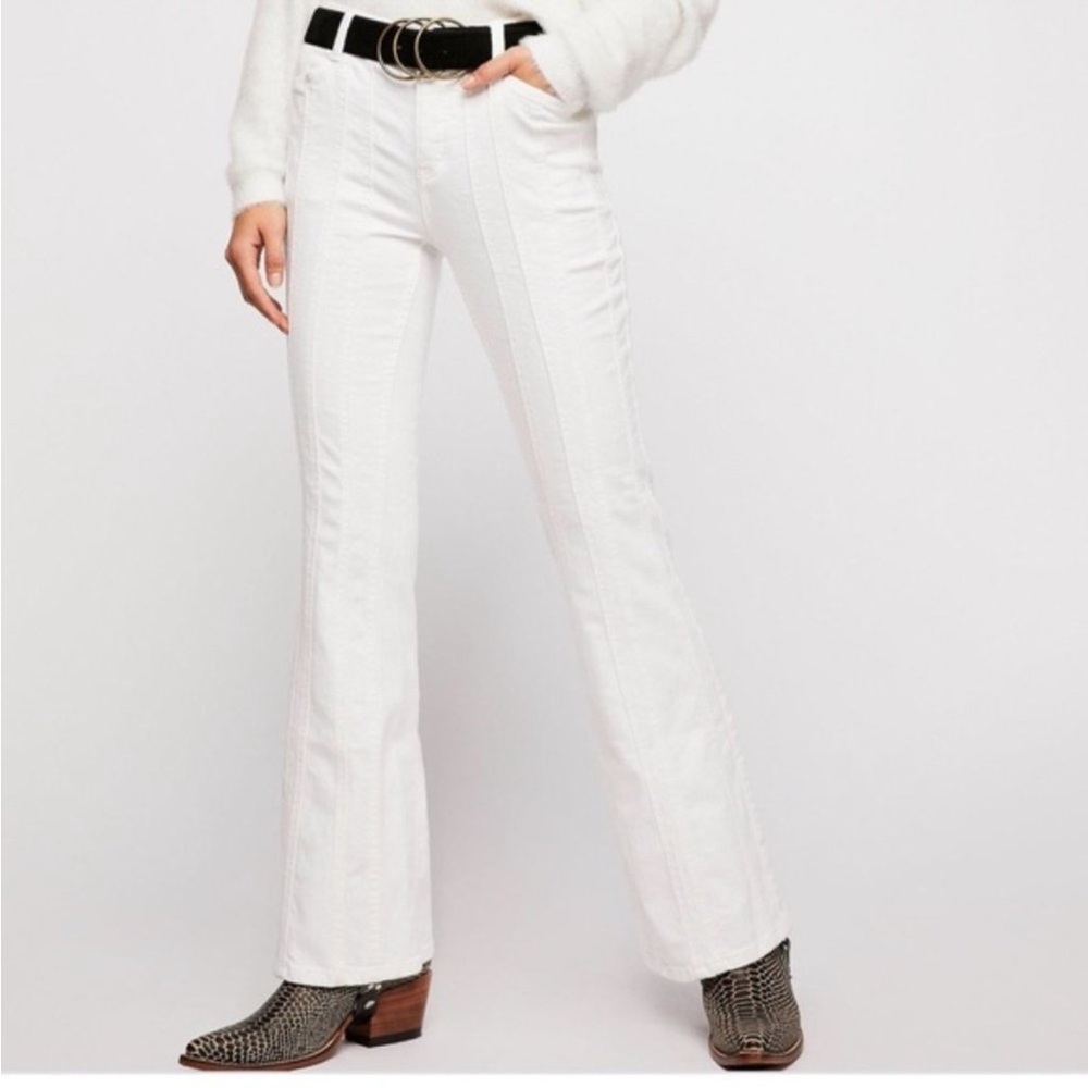 Free People Retro So Many Seams Denim White Jeans 70’s Flare Button Fly Vintage